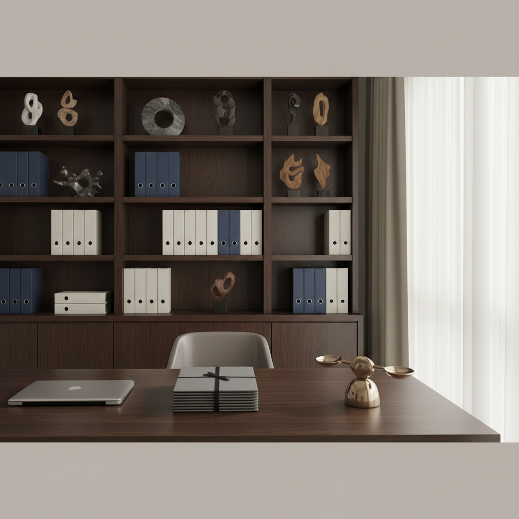 A refined workspace featuring a large, dark wood desk with a smooth matte finish, centered in a quiet executive office. On the desk sits a closed laptop, a neatly stacked set of unmarked folders, and a small, symbolic scale sculpture representing balanced ethical decisions. Behind the desk, built-in shelves display abstract, non-figurative sculptures and plain binders. Diffused overcast daylight filters through sheer curtains, creating soft, even lighting with minimal shadows. Photographic realism, framed using the rule of thirds from a slightly elevated angle, gives a sense of order, professionalism, and confidentiality appropriate for high-stakes executive coaching across corporate, government, and faith-based institutions.