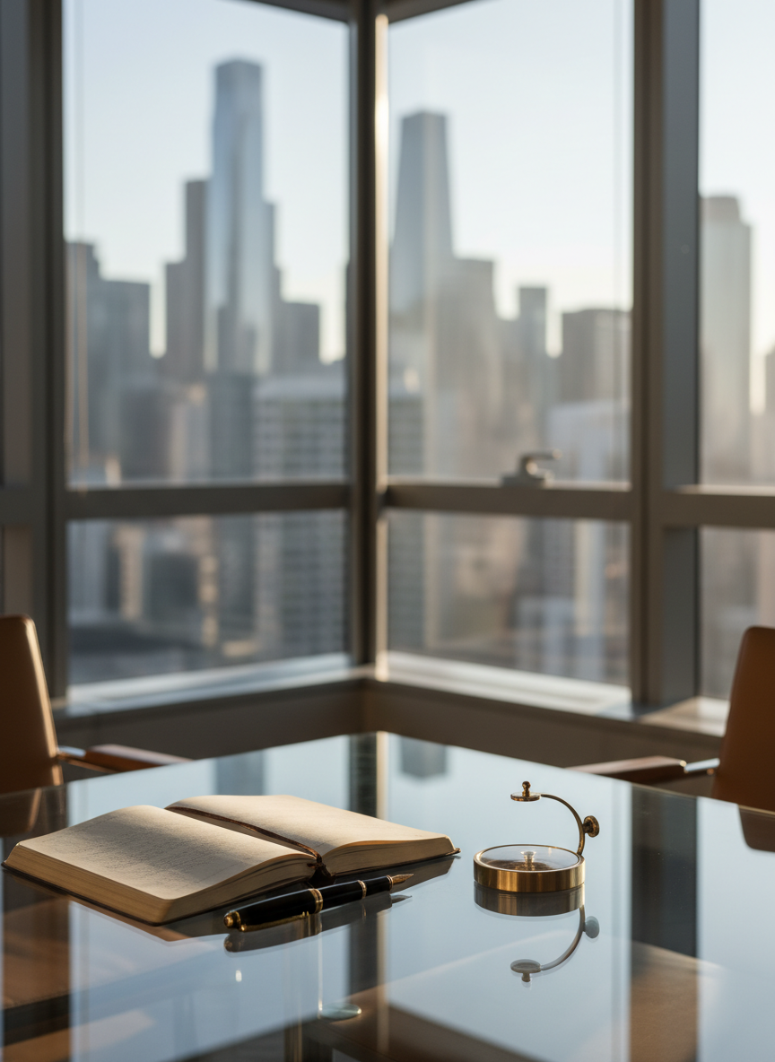 A sleek glass conference table is arranged in a bright corner office, topped with a single open leather-bound notebook, a fountain pen, and a minimalist brass compass symbolizing direction and integrity. Beyond the floor-to-ceiling windows, a modern city skyline is softly out of focus. Early morning natural light floods the room, creating clean reflections on the glass and gentle shadows under the objects. Photographic realism, shot at eye level with a shallow depth of field, keeps the compass and notebook in sharp focus. The atmosphere feels calm, disciplined, and thoughtful, evoking high-level executive coaching and ethical leadership without showing any people or text.