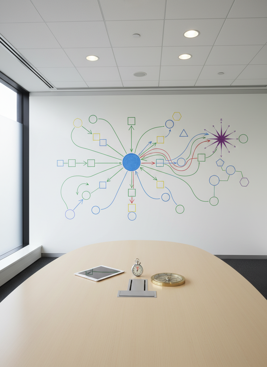 A large whiteboard wall filled with clean geometric shapes, arrows, and color-coded lines instead of words, representing complex strategic thinking. In front of it, a simple oval meeting table holds a tablet, an analog stopwatch, and a small, polished metal compass rose disk, suggesting clarity and direction in leadership. Overhead recessed lighting and subtle window light combine to create bright, neutral illumination with soft shadows. Photographic realism, wide-angle lens from a corner of the room, giving a sense of space and depth. The mood is analytical yet optimistic, ideal for visualizing structured coaching conversations around ethics, accountability, and long-term strategy without any human presence.