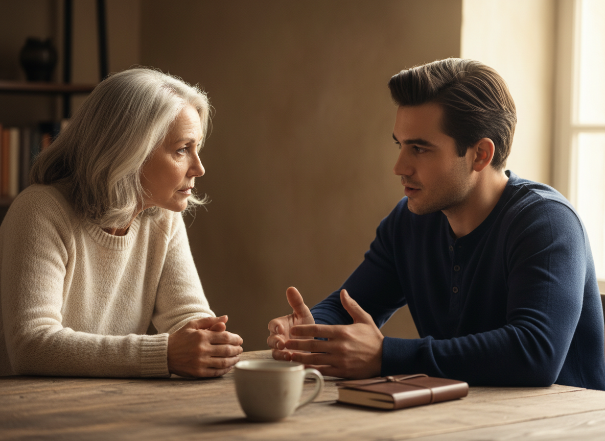 Two people sitting across from each other at a simple table, one leaning in attentively as the other speaks — a quiet, focused mentoring conversation. Warm, natural light. Minimal background. A sense of trust, guidance, and genuine human connection. No crowds, no boardroom. Intimate and purposeful.